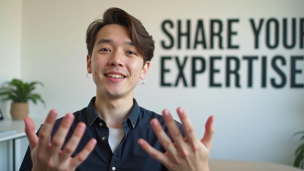 Medium shot of a young creator confidently speaking to a camera in a minimalist home office setting. Natural gestures and genuine expression while demonstrating a product. There's written "SHARE YOUR EXPERTISE" with large bold font on the white wall behind.