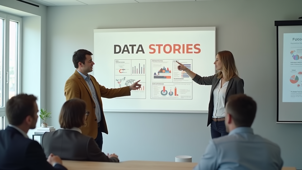 Medium shot of a content marketer confidently presenting an infographic to a colleague