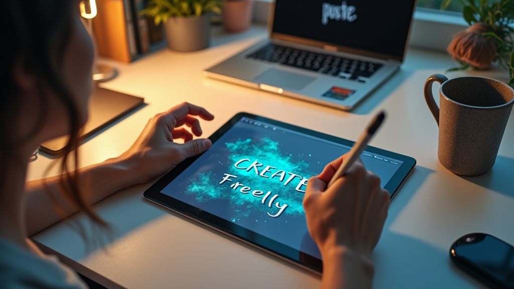 Close up shot of hands working on a tablet with a stylus, creating a digital artwork