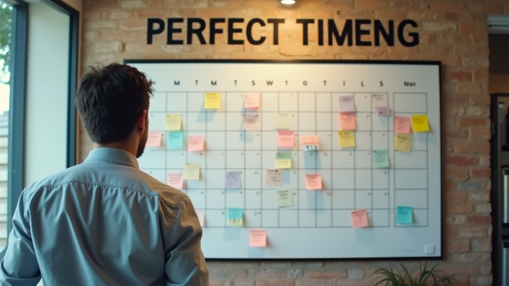 Medium shot of an entrepreneur looking at a large wall calendar, marking important dates