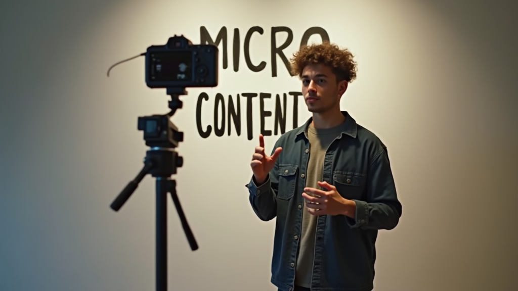 Medium shot of a content creator using a smartphone to film a vertical video. They're standing in front of a minimalist background, demonstrating authentic storytelling. There's written "MICRO CONTENT" with large bold font on the wall behind them.