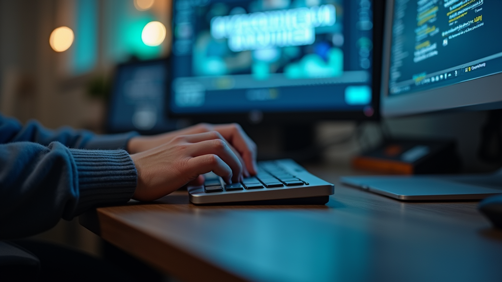 Close up shot of hands typing on a keyboard while a video renders in the background. The scene shows efficiency and automation in action. There's written "FUTURE OF CONTENT" with large bold font on the desk surface.