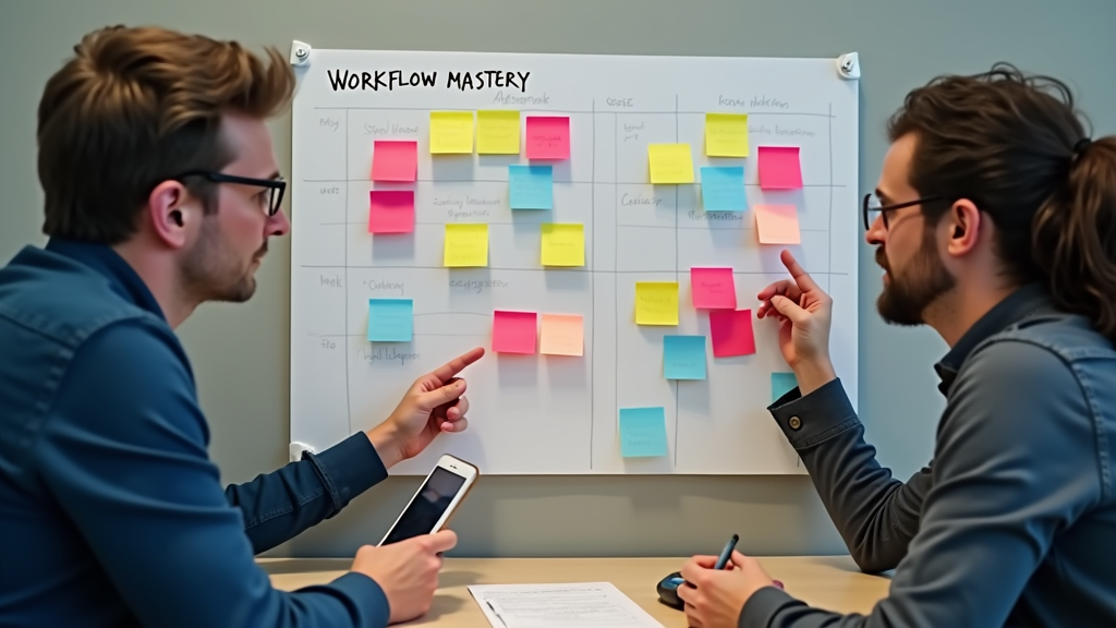 Medium shot of two content creators collaborating at a desk, pointing at a physical kanban board with colorful sticky notes