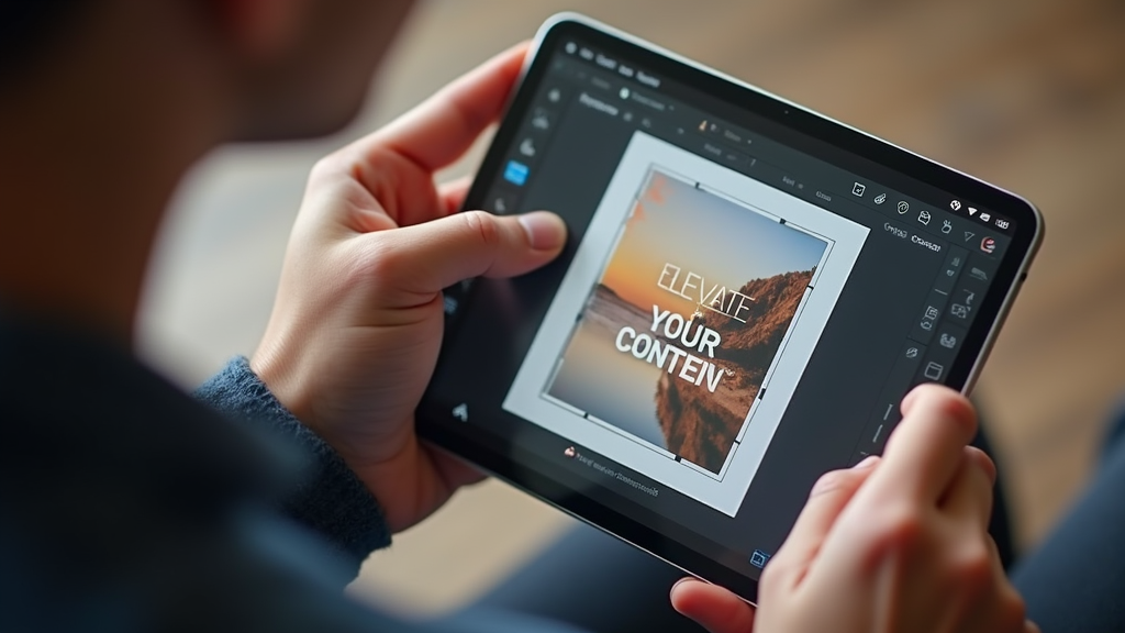 Close up shot of a content creator's hands customizing a social media template on a tablet