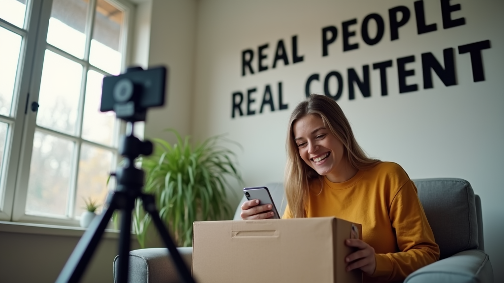 Medium shot of a young content creator sitting in a minimalist home office setting, unboxing a product while recording with their phone mounted on a simple tripod. Natural daylight illuminates their genuine excitement as they create authentic content. There's written "REAL PEOPLE, REAL CONTENT" with large bold font on the wall behind them.