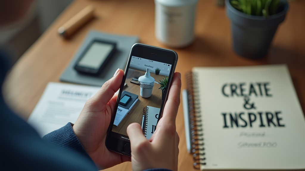 Close up shot of hands holding a smartphone, showing a social media app interface where someone is creating a product review. The scene includes various authentic props like a notebook with handwritten notes and a branded product being reviewed. There's written "CREATE & INSPIRE" with large bold font on the notebook cover.