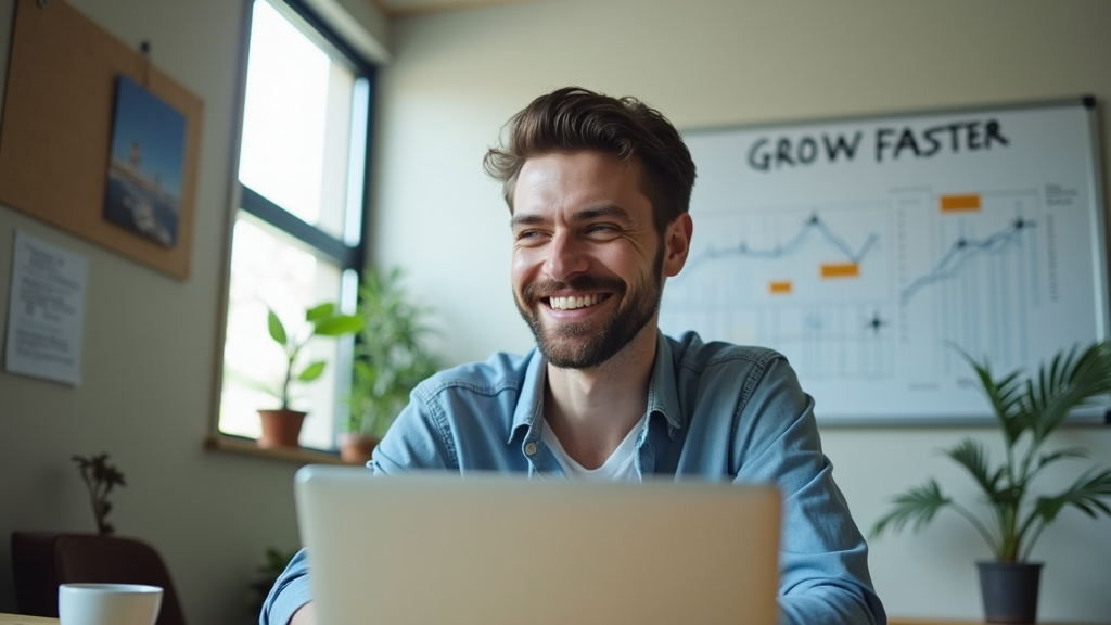 Close up shot of a successful small business owner confidently working on their laptop with a satisfied smile