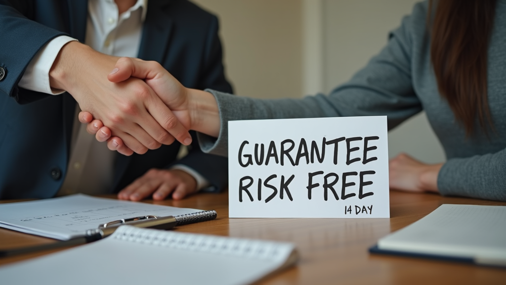 Medium shot of a person confidently shaking hands with another person across a desk, while holding a document that says 'guarantee' on it