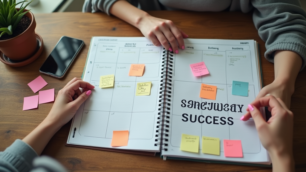 Medium shot of a content creator organizing a weekly content calendar on a physical planner. They're surrounded by sticky notes with social media ideas and a smartphone displaying analytics. There's written "SCHEDULE SUCCESS" with large bold font on the planner.