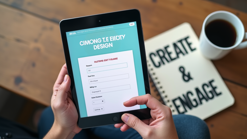 Close up shot of a person's hands holding a tablet showing a contest entry form design interface. A coffee cup and notebook with campaign ideas sit nearby. There's written "CREATE & ENGAGE" with large bold font on the notebook.