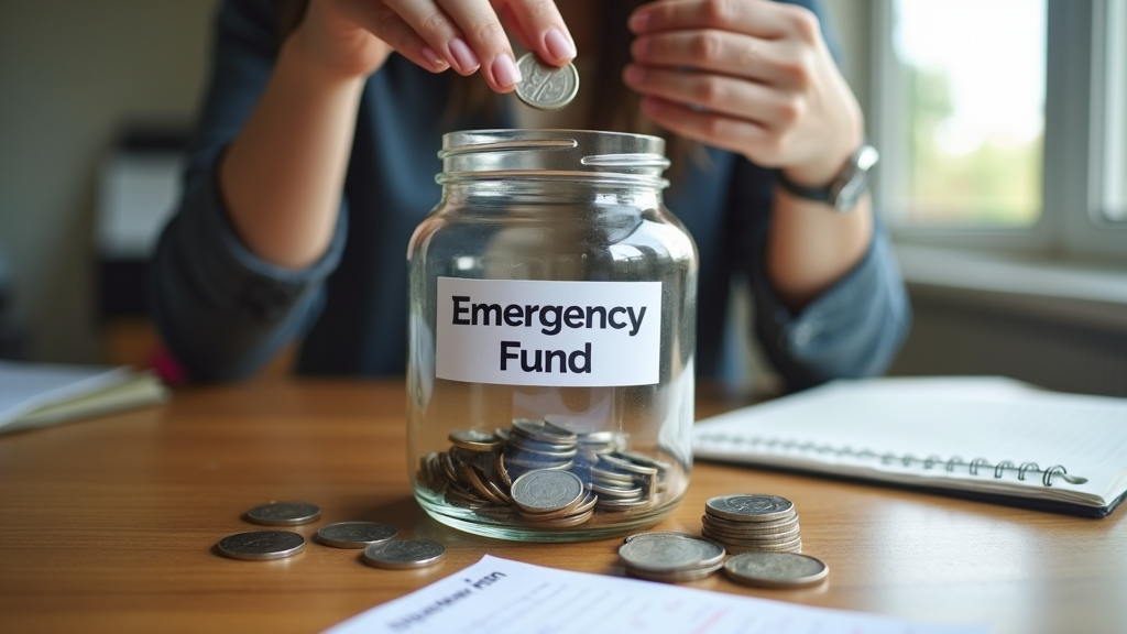 Medium shot of a person placing coins into a clear glass jar labeled 'Emergency Fund' on a wooden desk. The jar is about half full with both coins and bills, symbolizing progress. A small notepad with a savings tracker is visible beside it. There's written "PEACE OF MIND" with large bold font on the jar.