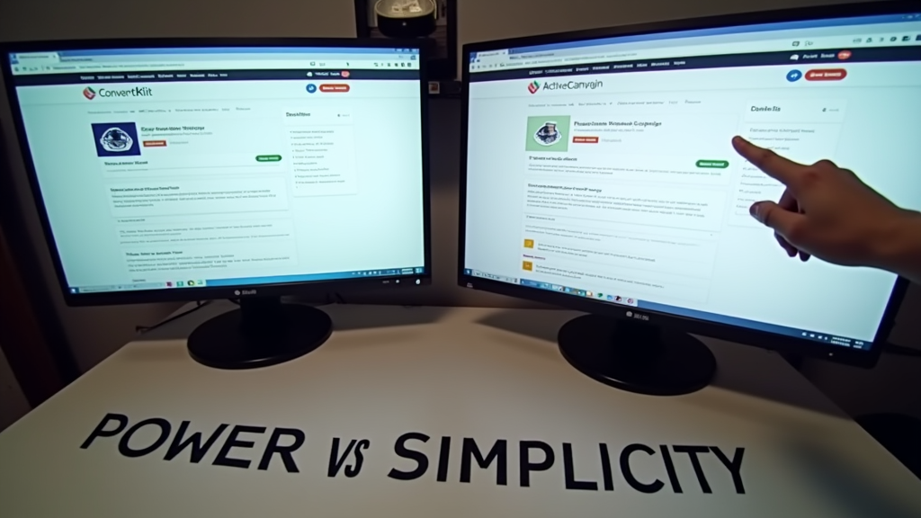 Close up shot of two side-by-side computer screens showing ActiveCampaign and ConvertKit interfaces