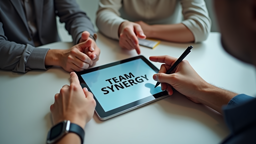 Close up shot of two people collaborating, pointing at a tablet screen between them. One person is making gestures while explaining something, while the other is taking notes. There's written "TEAM SYNERGY" with large bold font on the desk surface.