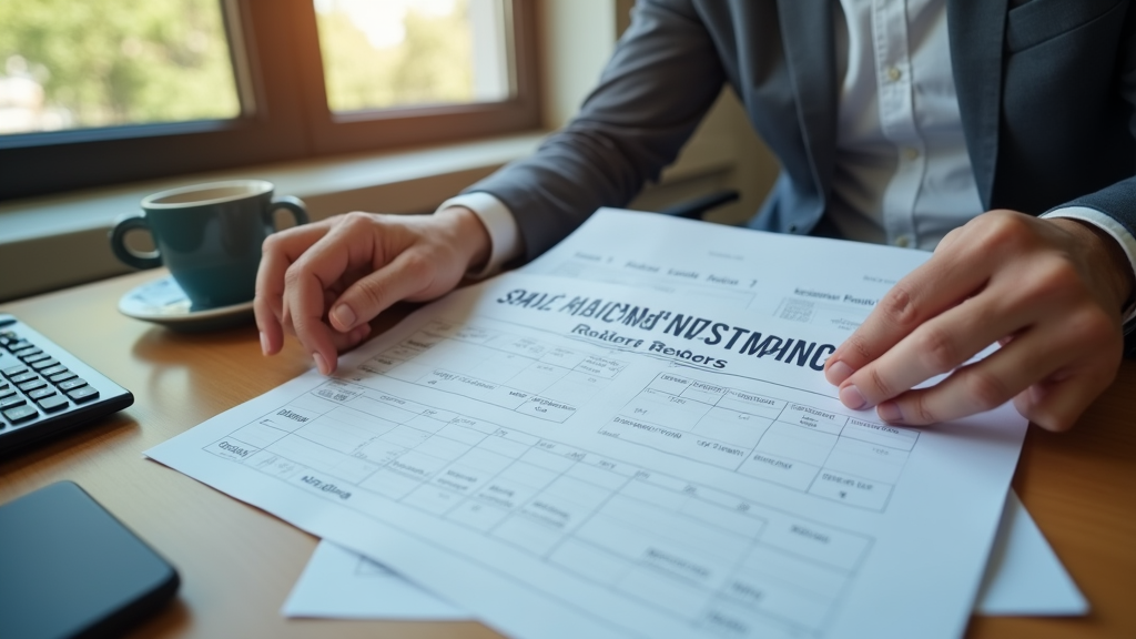 Wide shot of a business owner at their desk comparing pricing plans on paper documents. Calculator and coffee cup visible on desk. Natural morning light coming through window. There's written "SMART INVESTMENT" with large bold font on one of the documents.