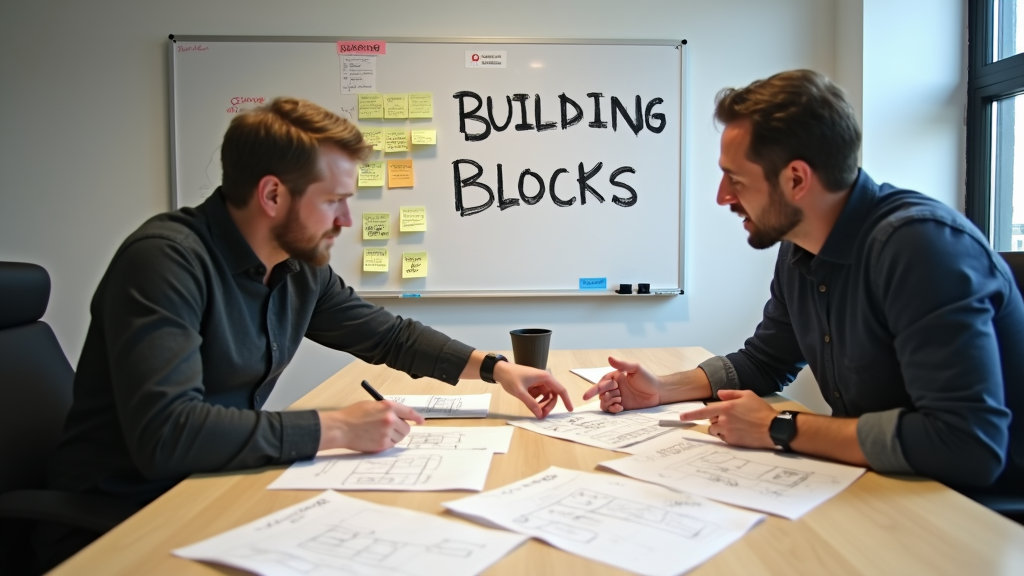 Medium shot of a designer and developer collaborating at a desk, pointing at wireframe sketches spread out on the table