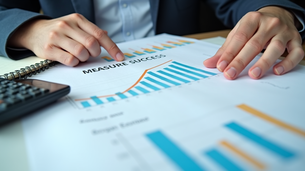 Close up shot of a business person analyzing ROI charts and graphs on paper, with a calculator and notebook nearby