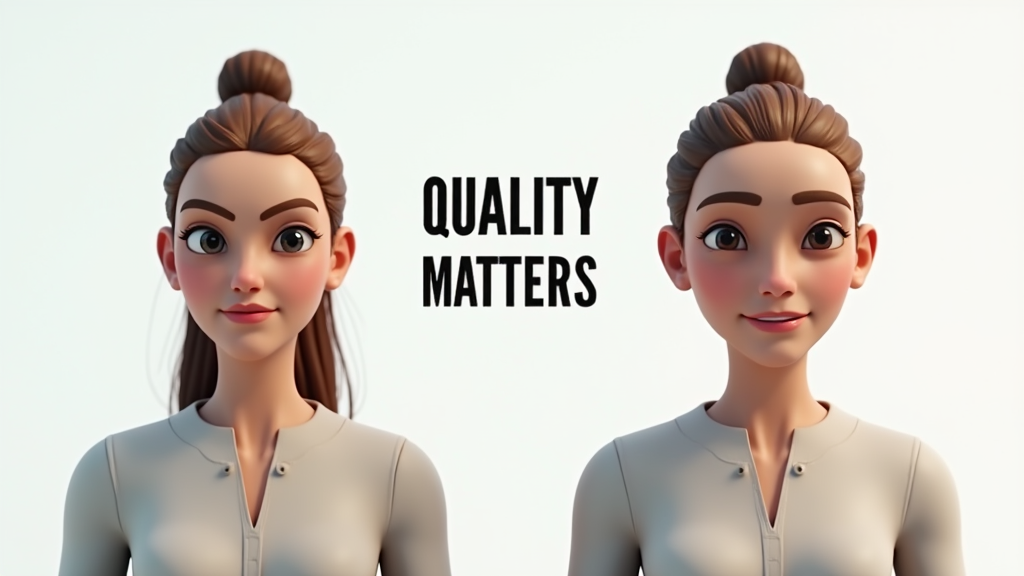 Medium shot of two side-by-side AI avatars with different expressions and gestures, showing the contrast in quality and realism. One avatar appears more polished and natural than the other. There's written "QUALITY MATTERS" with large bold font on a clean white background between the avatars.