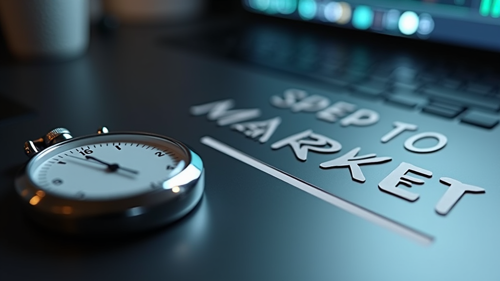 Close up shot of a stopwatch next to a progress bar visualization showing video rendering completion. The scene includes subtle motion blur elements to convey speed and efficiency. There's written "SPEED TO MARKET" with large bold font on the sleek desk surface.