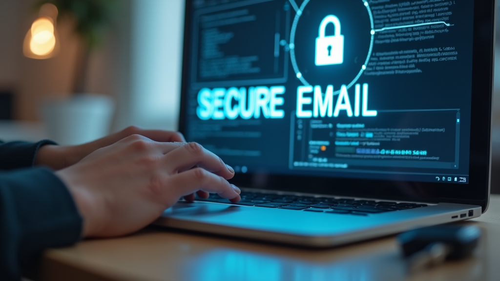 Close up shot of hands typing on a sleek laptop keyboard with a digital security lock icon floating above