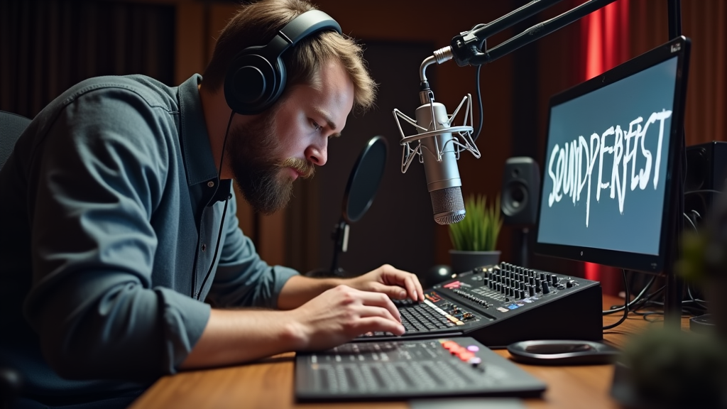 Medium shot of a podcaster adjusting audio levels on a mixing interface. The person is wearing headphones and has a focused expression while fine-tuning the sound settings. A professional microphone is visible in the foreground. There's written "SOUND PERFECT" with large bold font on the desk surface.