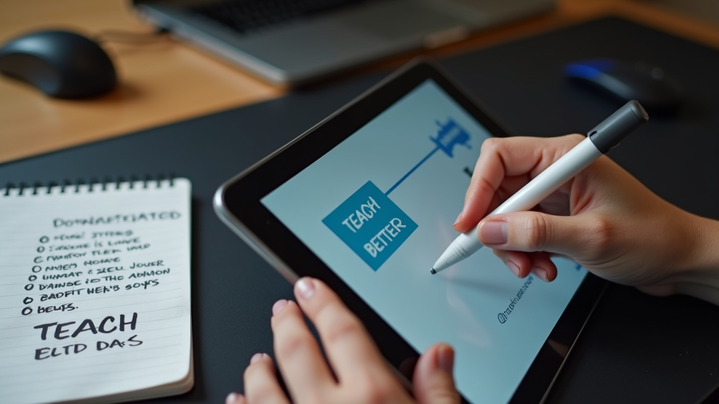 Close up shot of hands creating a tutorial video, with screen recording interface visible. The person is using a digital pen on a tablet while recording a demonstration. A notepad with organized steps is visible to the side. There's written "TEACH BETTER" with large bold font on the mousepad.