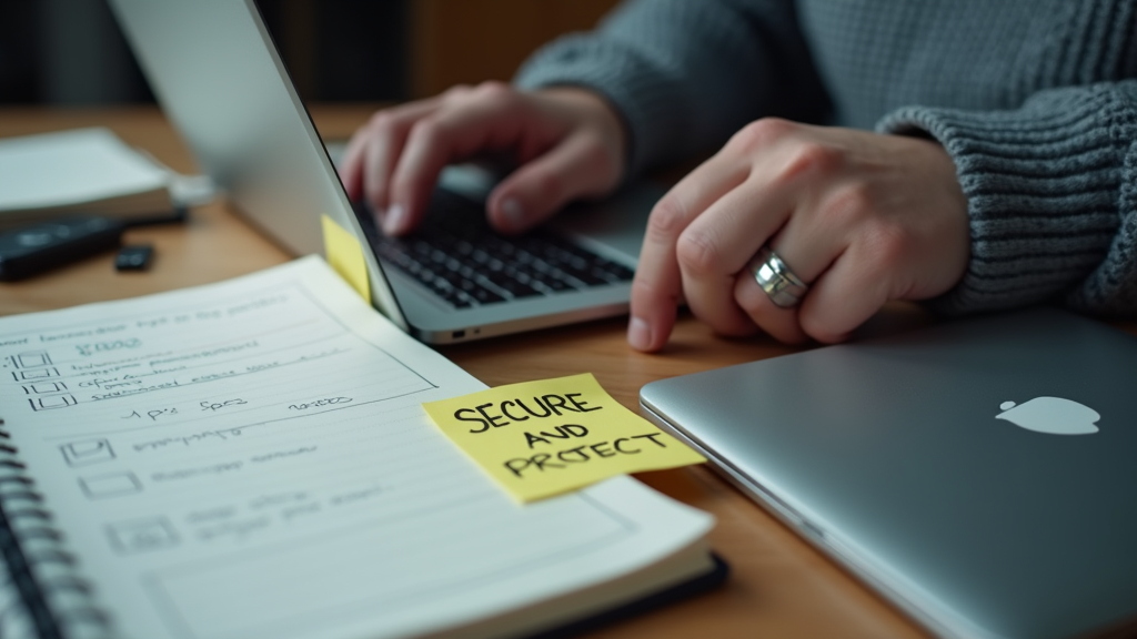 Close up shot of a person's hands using a security key while working on a laptop