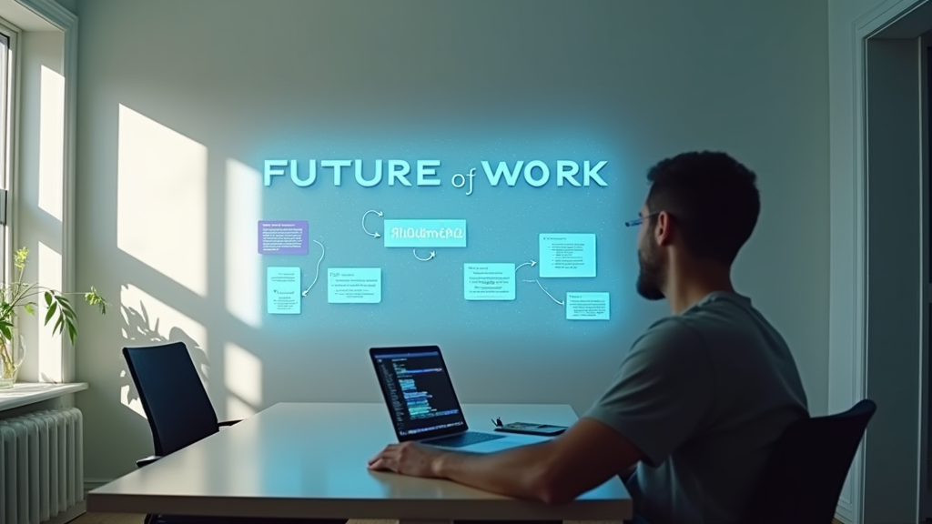 Wide shot of a minimalist home office setup with a person looking thoughtfully at a wall with floating holographic-style cards representing different automation flows