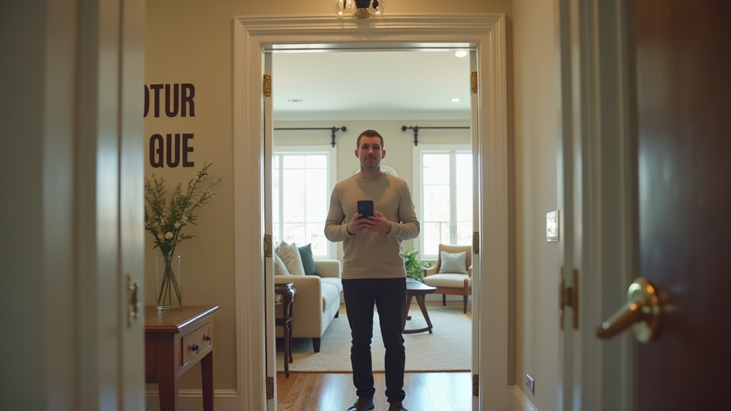 Medium shot of a welcoming host standing in the doorway of a beautifully decorated living room. The host is holding a smartphone and recording a walkthrough tour. Natural light streams through windows. There's written "TRUST THROUGH VIDEO" with large bold font on the living room wall.