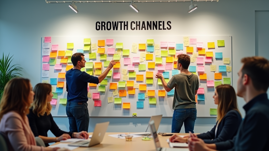 Wide shot of a marketing team brainstorming session with a large wall covered in colorful sticky notes showing different growth channels