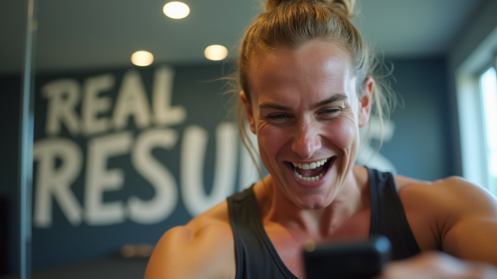 Close up shot of a person recording themselves on a smartphone while celebrating a fitness milestone. Genuine emotion of accomplishment on their face, wearing workout gear. There's written "REAL RESULTS" with large bold font on a mirror in the background.