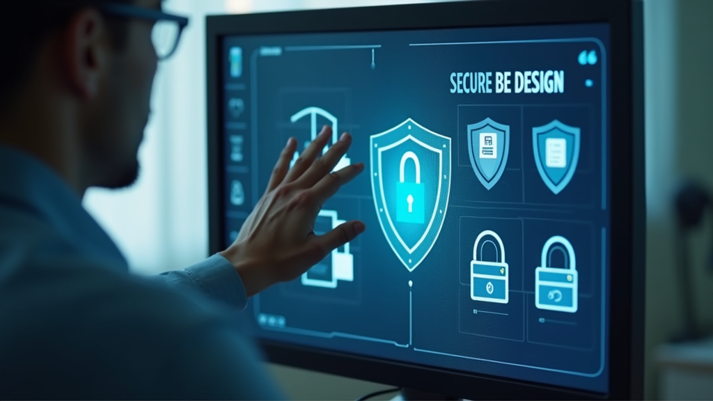 Close up shot of a compliance officer reviewing privacy settings on a clean, modern interface. The scene shows secure data visualization with lock symbols and privacy shields. There's written "SECURE BY DESIGN" with large bold font on the monitor screen.