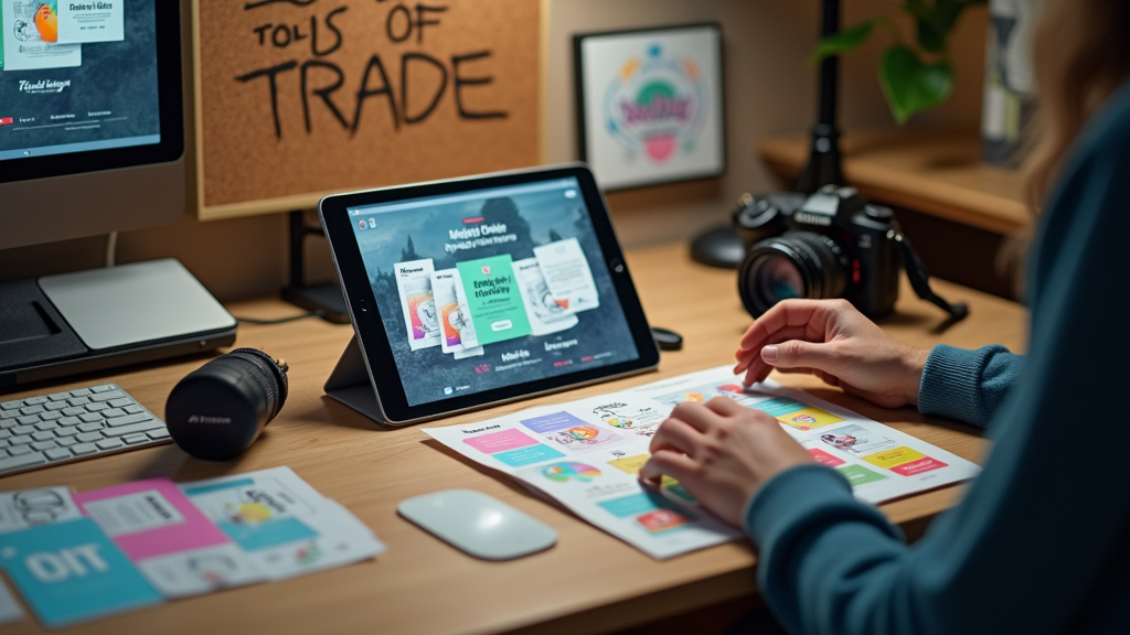 Medium shot of a content creator's workspace with a tablet displaying design templates, while the creator's hands arrange colorful social media content cards on the desk