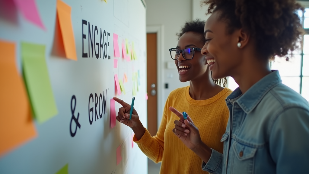 Close up shot of a diverse duo of content creators brainstorming together, pointing at a mood board with colorful post-it notes and social media content ideas