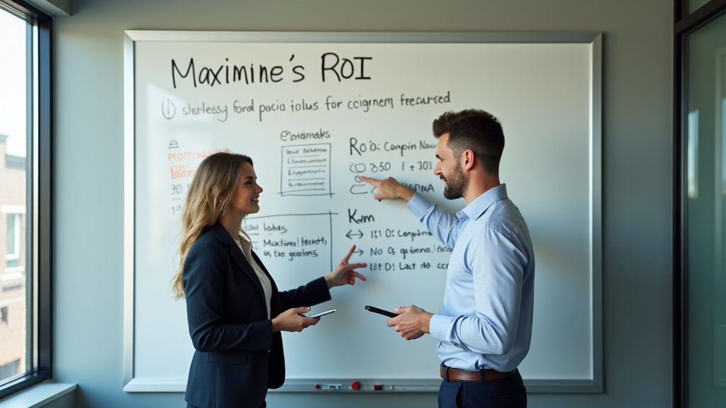 Medium shot of two business professionals collaborating at a modern office space, pointing at a whiteboard with ROI calculations and efficiency metrics