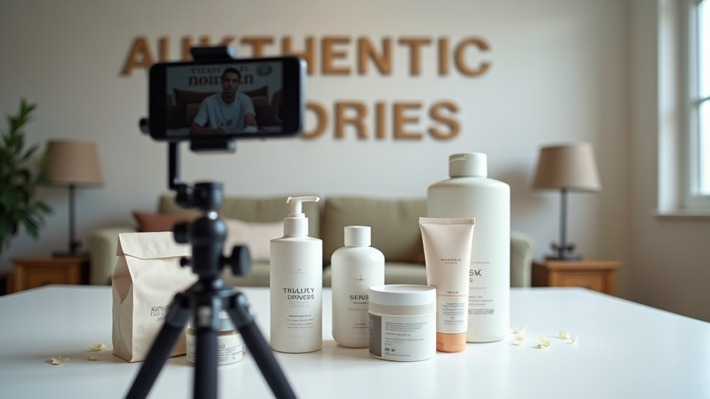 Close up shot of a young content creator recording a product review video with their smartphone mounted on a tripod. Various lifestyle products are arranged artistically on a clean white surface. There's written "AUTHENTIC STORIES" with large bold font on the wall behind.