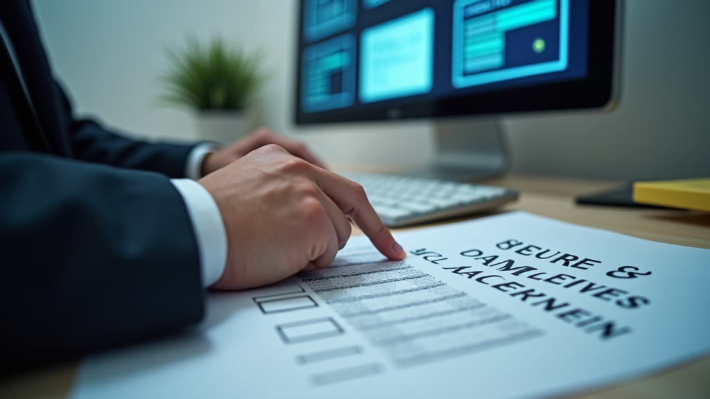 Close up shot of a security professional reviewing compliance documentation at their desk