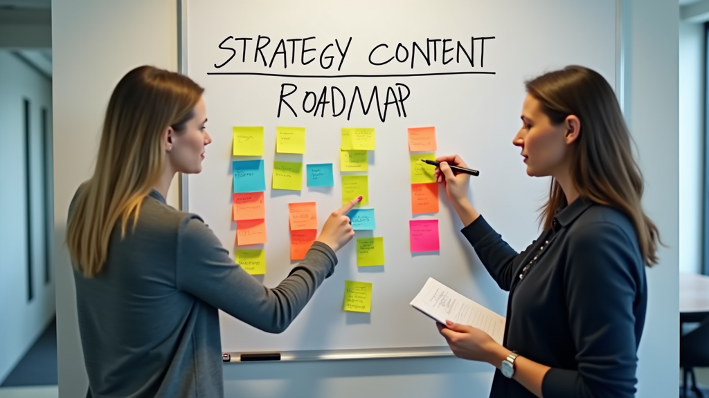 Medium shot of two marketing professionals collaborating at a whiteboard, mapping out a content strategy with colorful sticky notes and markers. One person is pointing to a section while the other takes notes. There's written "STRATEGY ROADMAP" with large bold font on the whiteboard.