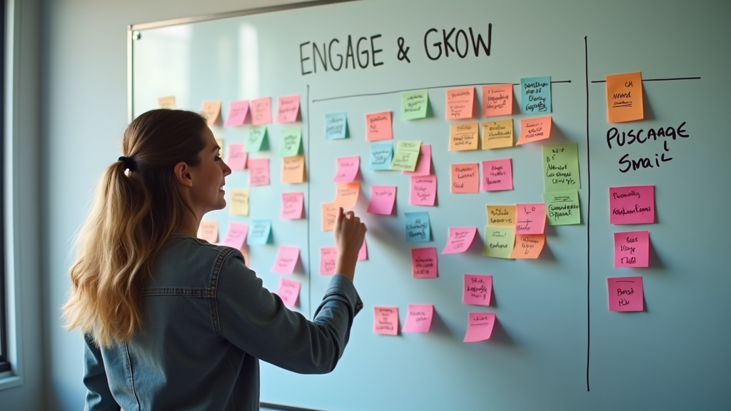 Medium shot of a marketing professional analyzing colorful email campaign results on a large whiteboard