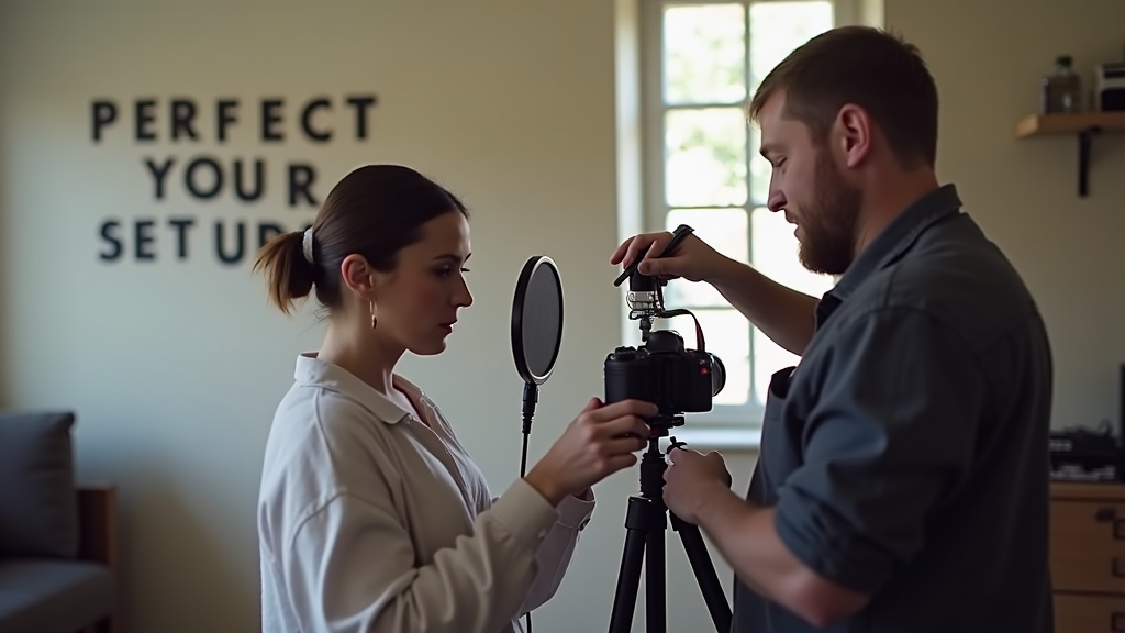 Medium shot of a person adjusting a camera on a tripod while another person positions a microphone on a stand. Natural indoor setting with soft window light. There's written "PERFECT YOUR SETUP" with large bold font on the wall.