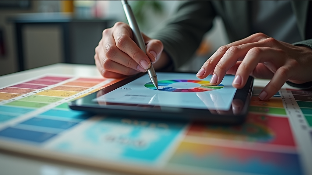 Close up shot of hands working on a tablet with color wheels and adjustment sliders visible. A mood board with various color schemes is visible in the background. There's written "ENHANCE YOUR VISION" with large bold font on the desk surface.