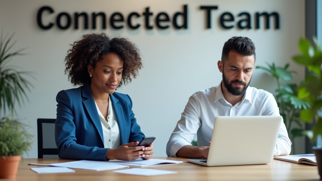 A group of diverse professionals collaborating in an office, using laptops and mobile devices, symbolizing the adoption of new communication tools like Slack