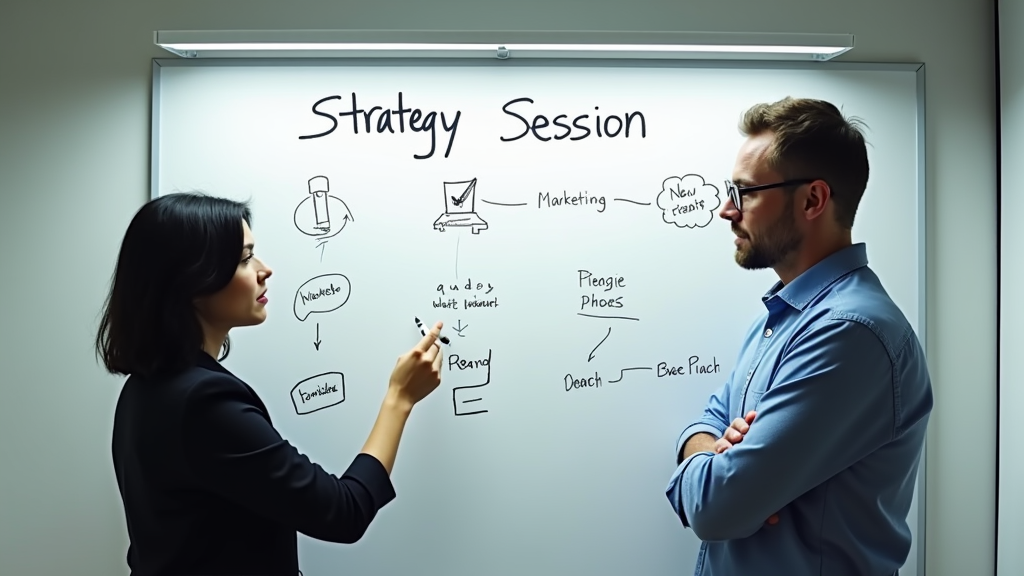 A group of diverse business professionals brainstorming around a whiteboard filled with marketing strategy elements