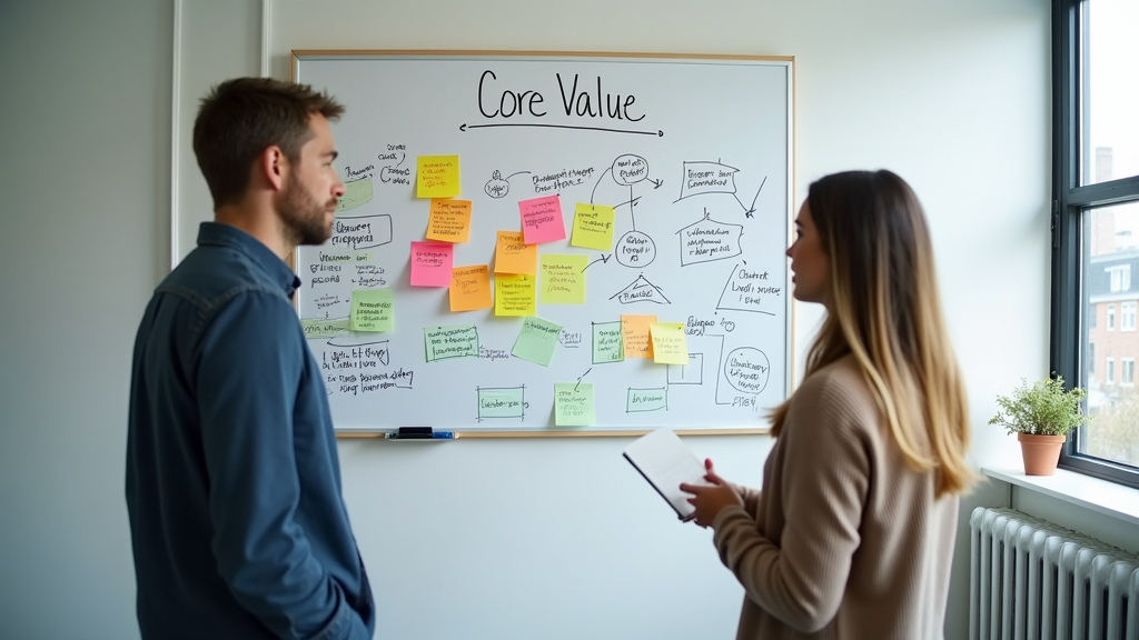 A whiteboard filled with sticky notes and diagrams, showing a team brainstorming and refining their product's core value proposition