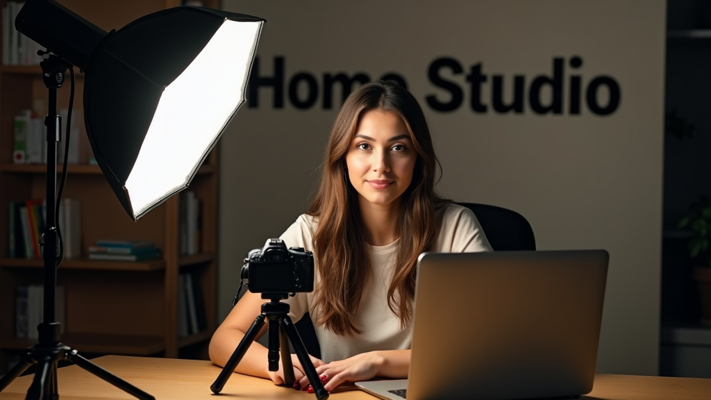 A video production setup with lights, camera, and a person demonstrating software on a computer screen