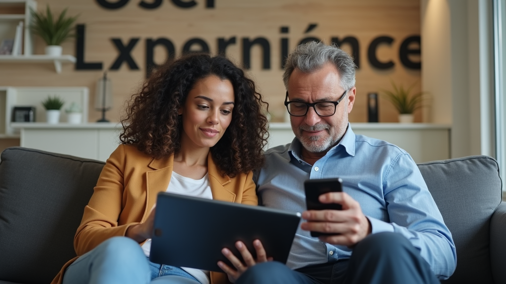 A group of diverse people testing a new app on various devices