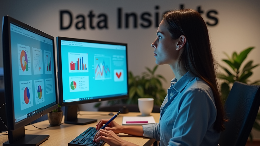 A person analyzing marketing data on multiple screens