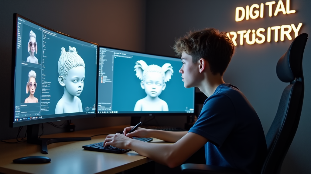 A digital artist's workspace showing multiple monitors with 3D modeling software and AI actor creation tools