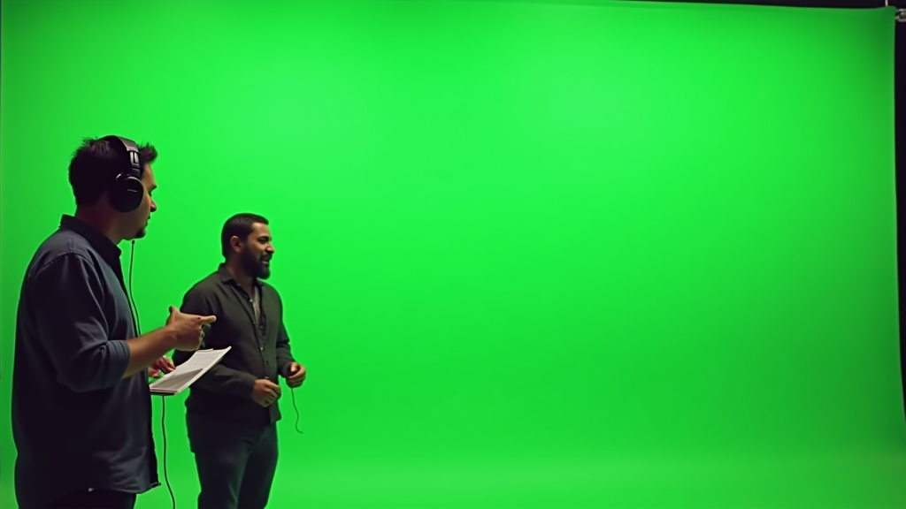 A film director working with a mix of human actors and AI-generated characters on a green screen set