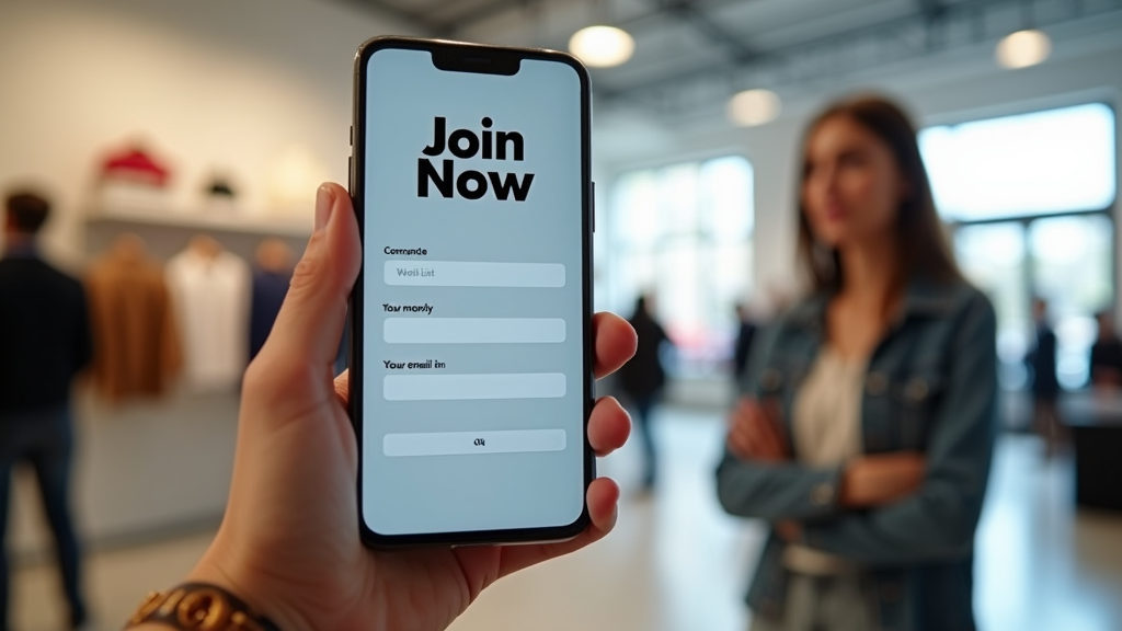 A sleek mockup of a smartphone displaying a waitlist signup form, with a blurred background of people eagerly waiting in line