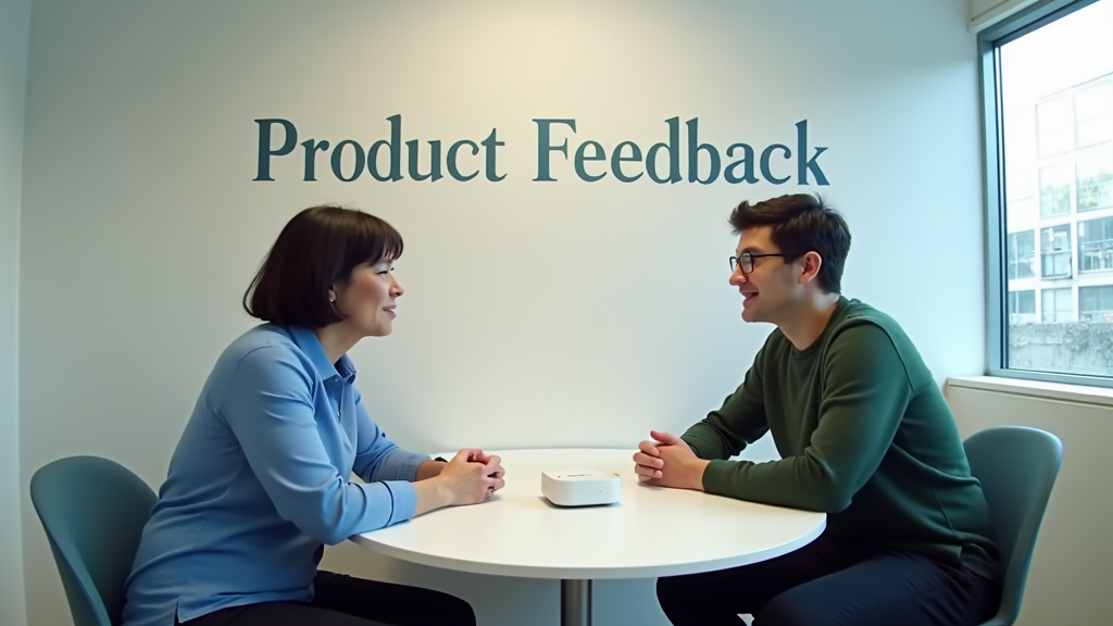 A group of diverse people sitting around a table, engaged in a focus group discussion about a product prototype